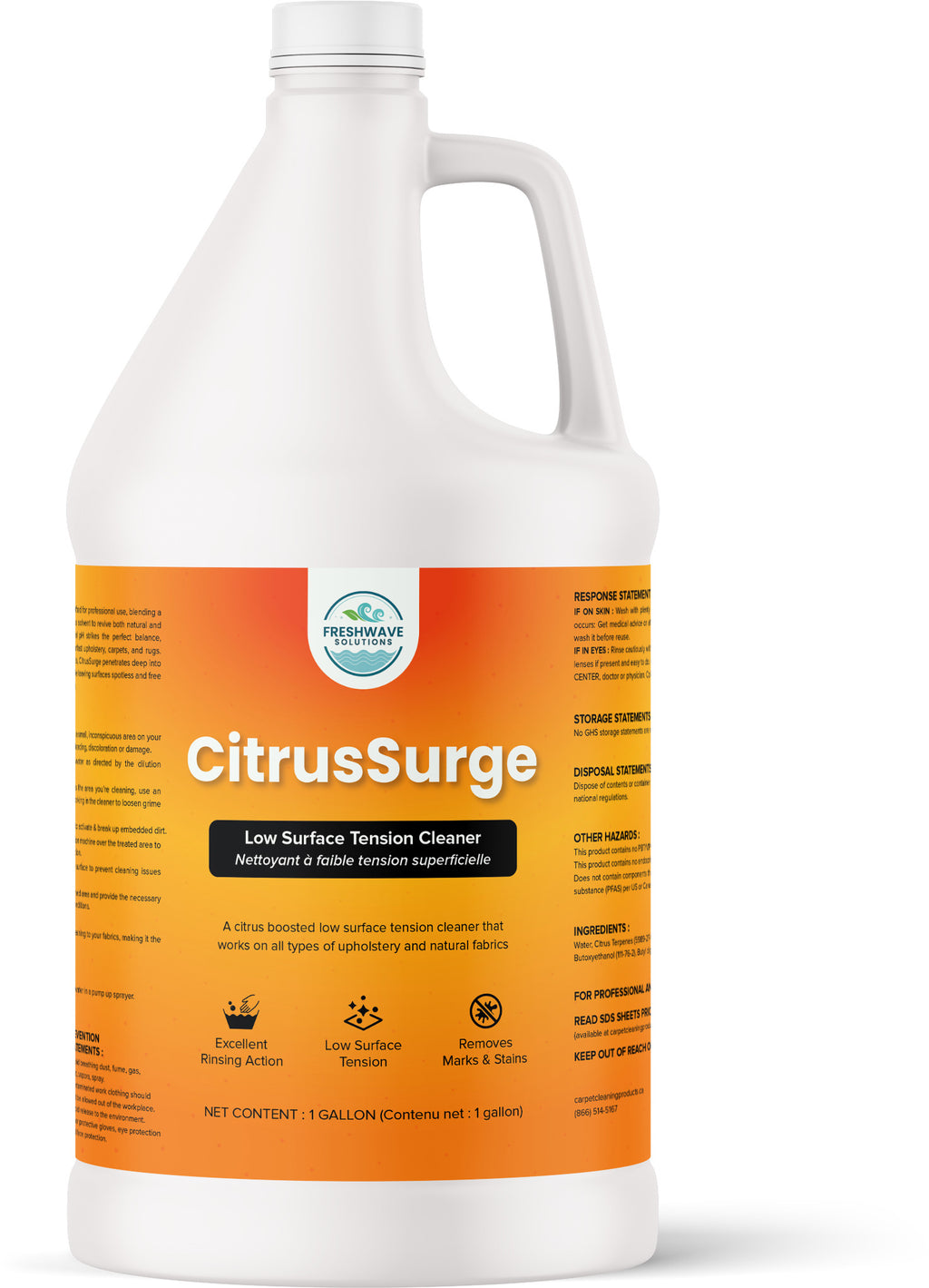 Gallon container of CitrusSurge cleaner with an orange label on a white background