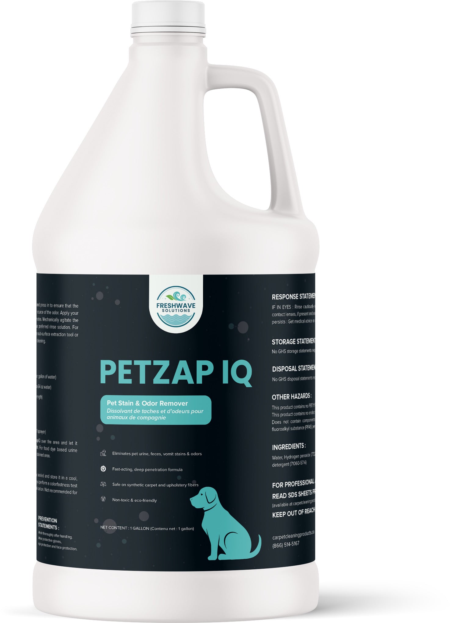 Gallon jug of Petzap IQ pet stain and odor remover 